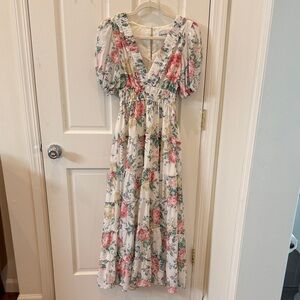 Yumi Kim Floral V-Neck Puff Sleeve Maxi Dress - White w/ Pink & Green small
